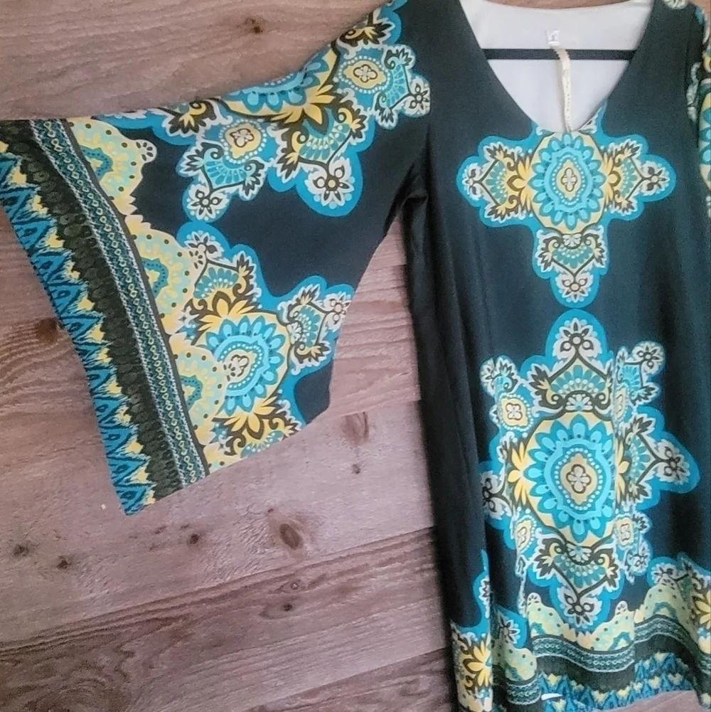Uncle Frank Green Printed Dress Kimono Sleeves Size Small - Picture 3 of 5
